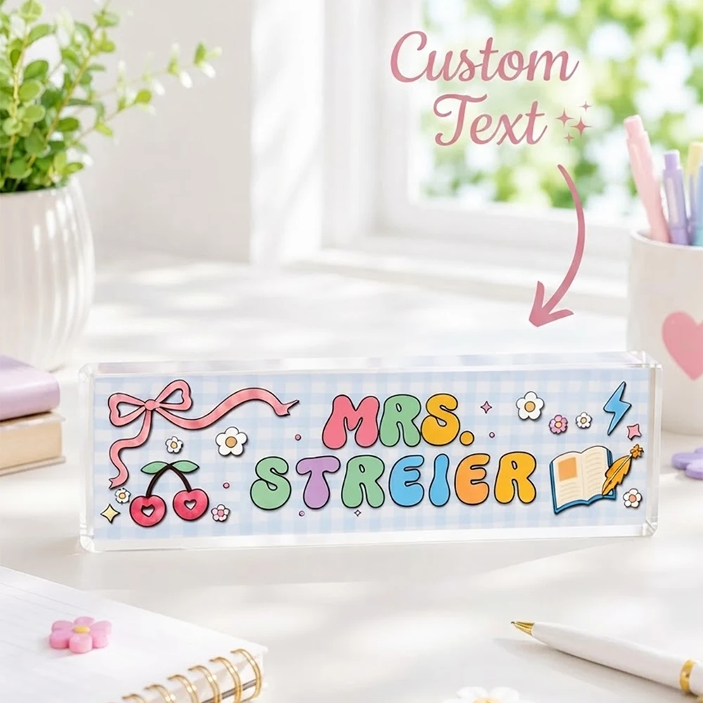 Custom Text Acrylic Desk Name Plate,Personalized Name Bow Desk Sign,Cute Checkered Decor Plaque,Teacher Appreciation Day Gift