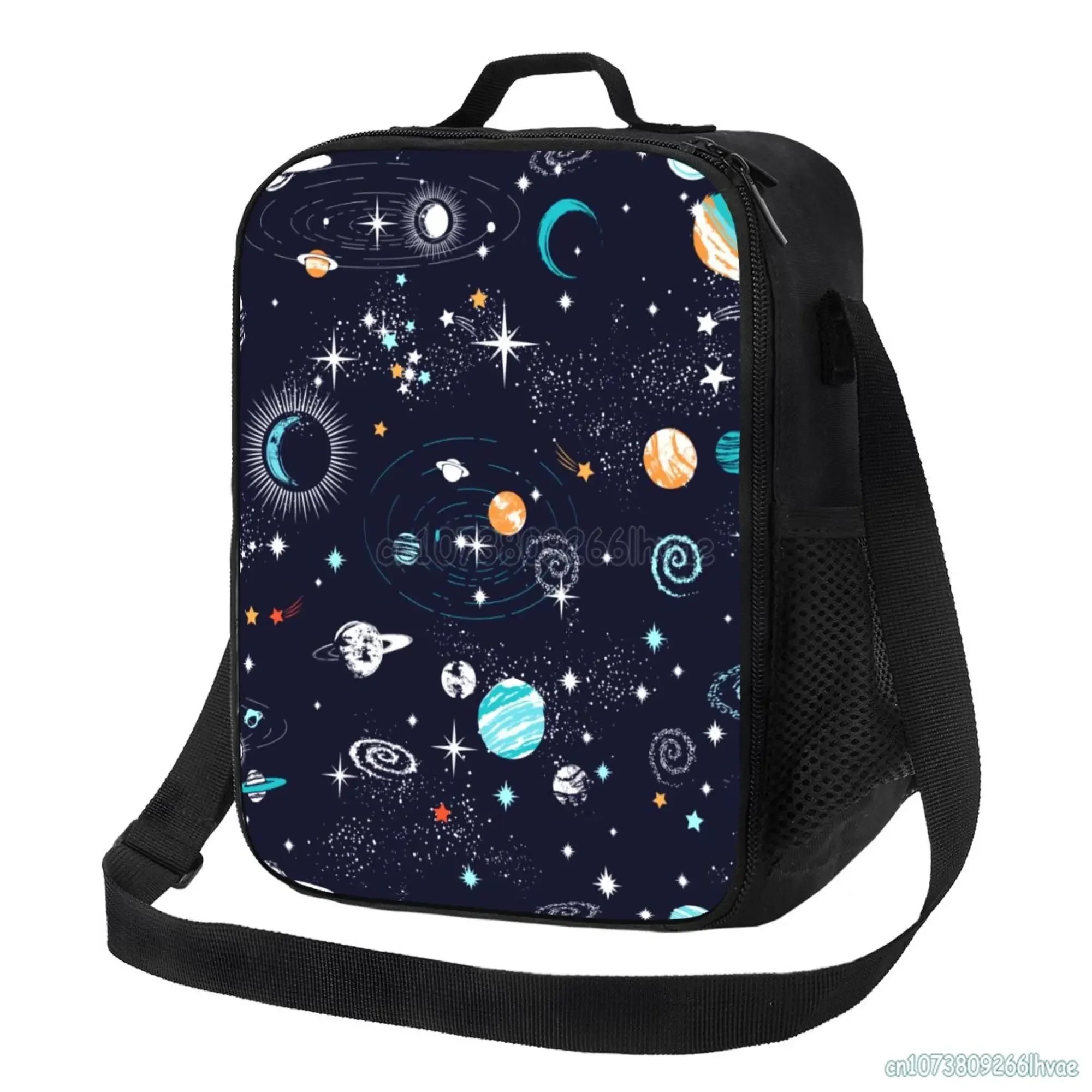 Space Planet fiambrera aislada Galaxy Cooler Tote, bolsa de almuerzo grande con correa ajustable para el hombro para niñas y niños, Picnic escolar