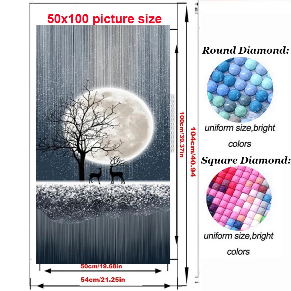 Large 5D DIY Diamond Painting Gold Deer Tree Moon Stone Landscape Full Square Round Mosaic Cross Stitch Needlework Wall Art