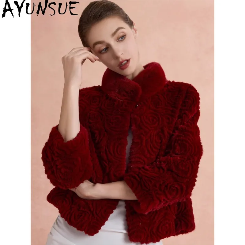 

AYUNSUE Real Fur Coat Woman Luxury Winter Jackets Woman Whole Mink Fur Jacket Rose Fur Coats Woman Clothes Fourrures Femmes