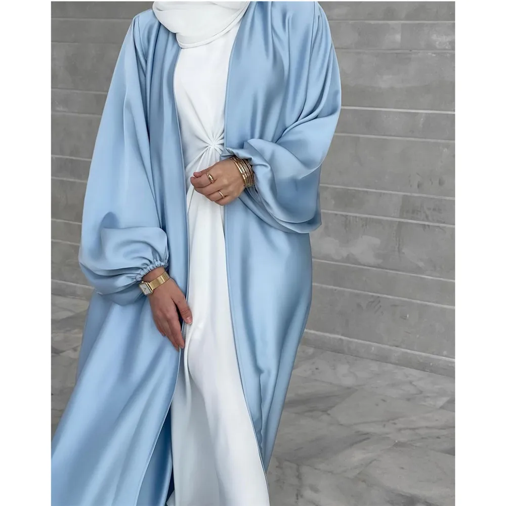 Eid Ramadan Open Abaya Satin Kaftan Dubai Turkey Kaftan Women Kimono Cardigan Muslim Maxi Dress Islam Jalabiya Robe Kebaya Gown