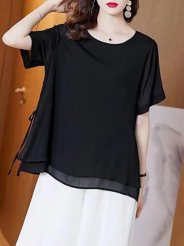 

Black Loose Short Sleeve Women's Chiffon Shirt round Neck Maternity Fashionable Small Shirt Large Size Mommy's Clothing