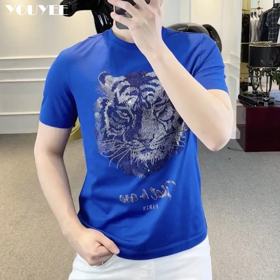 Short Sleeved T-shirt Men's Heavy Craft Tiger Head Light Luxury Hot Diamond Fashion Brand O-neck Clothes Men 2022 New Design