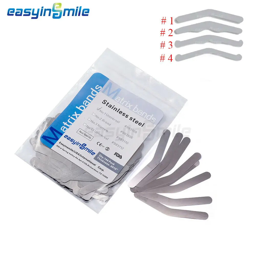 144pc/Bag Dental tofflemire matrix bands 0.04mm universal stainless steel bands.regular Bnads 0015 inch Broad Narrow #1/#2/#3/#4