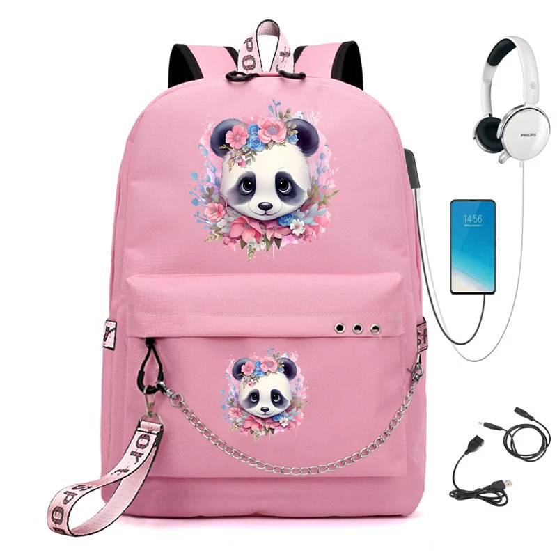 New Female Fashion Backpack Bags Lady Cute Flower Panda Backpack Usb Charging College School Bags Teenager Laptop School Bags