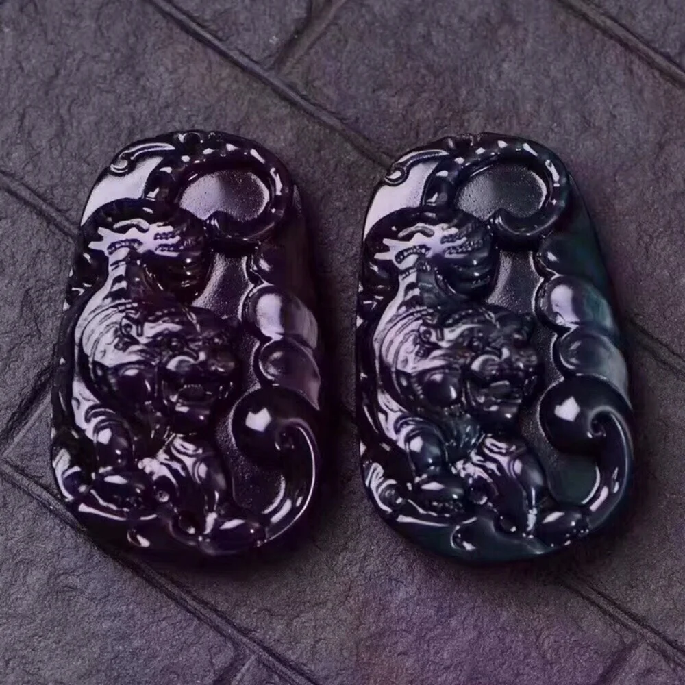2PCS 50mm Natural Black Obsidian Tiger Carving Crystal Reiki Healing Jewelry Pendant Cute Rock Decoration for Gift