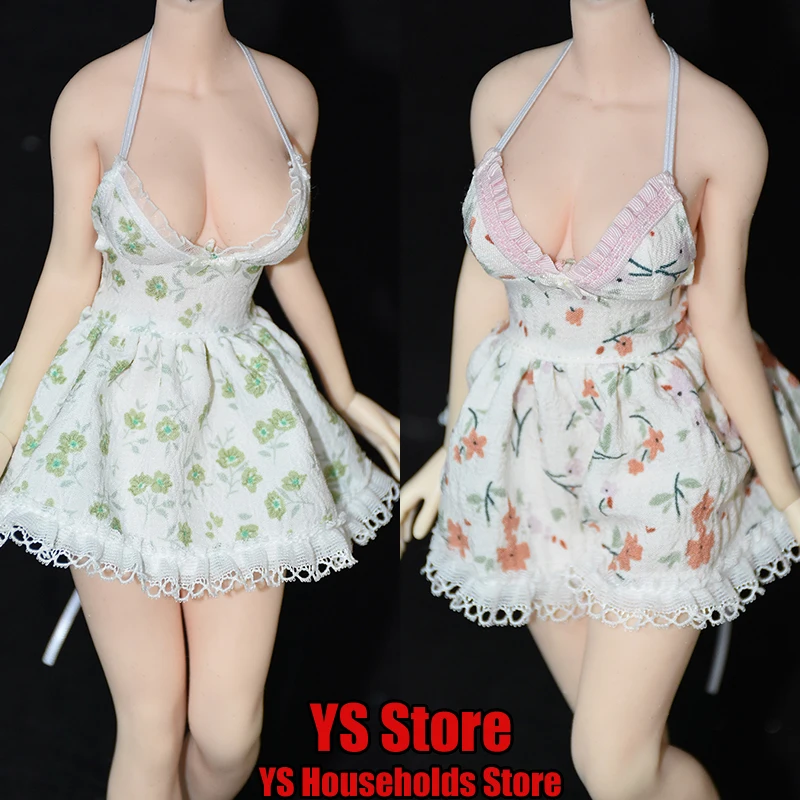 1/6 Female Soldier Hanging Neck Beauty Princess Skirt Fresh Print White Lace Short Dress Clothes Accessory For 12