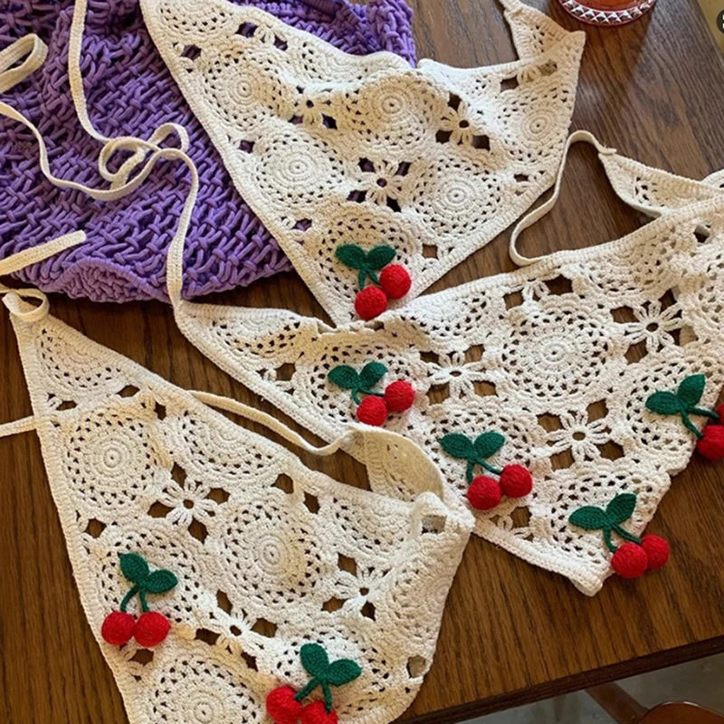 Chic Little Cherry Triangle Knitted Headband Crochet Floral Scarf