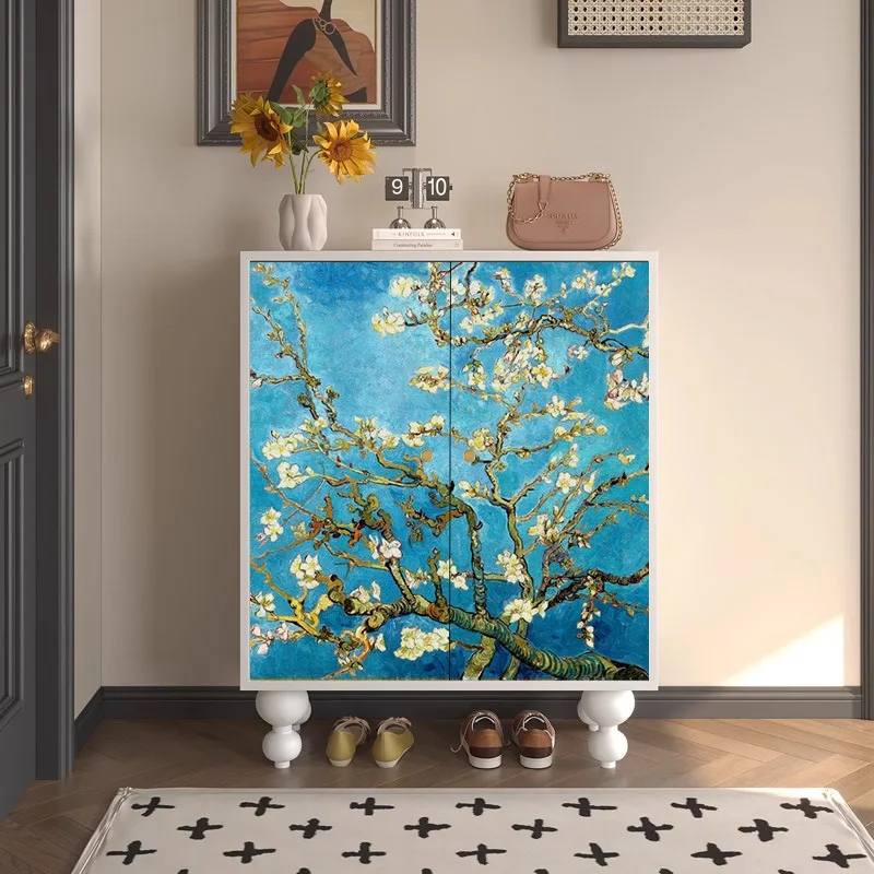 

French retro home shoe cabinet, entrance cabinet, household living room integrated against the wall, solid wood multi-functional