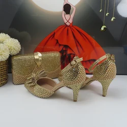 2024 Spring New Arrival Champagne Gold Bridal wedding shoes and Bag Female Ladies Party dress Shoes Ankle Strap Thin High Pumps