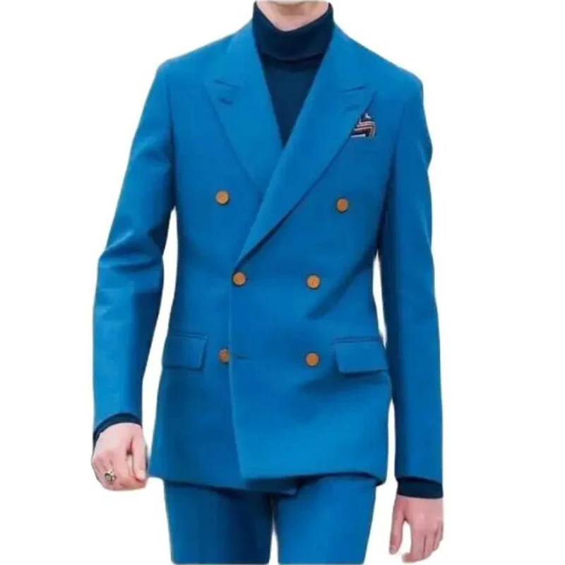 

2023 Blazer Suits for Men Double Breasted Blue Wedding Groom Tuxedos Peaked Lapel Slim Fit 2 Piece Suit Jacket+Pants Party Wear