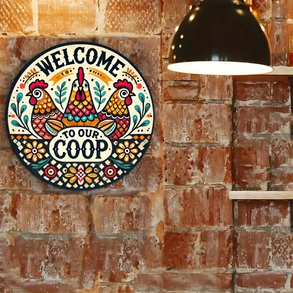 YOURBRAND Waterproof Vintage Chicken Coop Sign - 8" Round Colorful Rooster "Welcome to Our Coop" Iron Wall Decor view 4