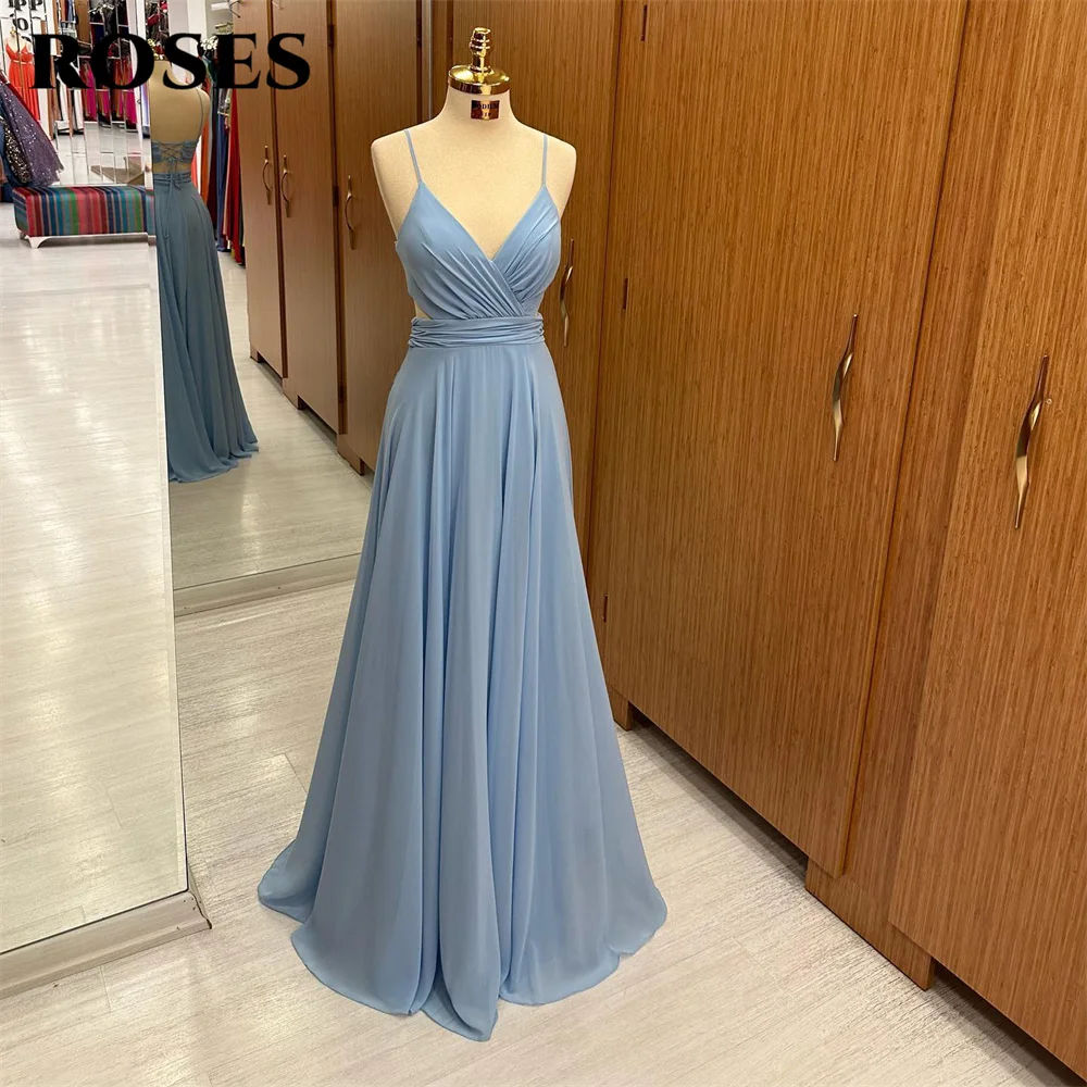 

ROSES Spaghetti Strap V Neck Prom Dress Chiffion Beach Celebrity Dresses Women's Evening Dress V Neck Blue Formal Gown 프롬 드레스