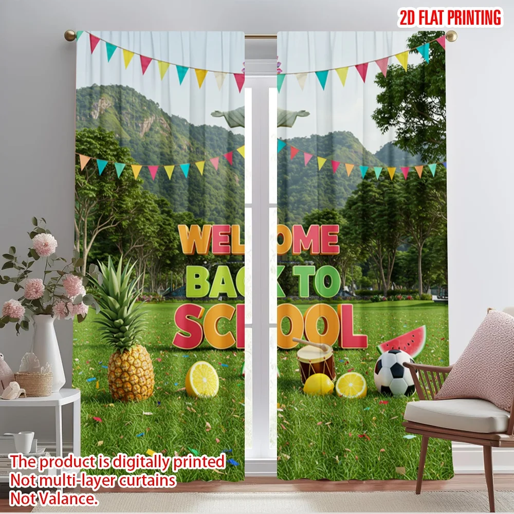 

2pcs 2D flat printing Curtain Welcome back to school celebration Polyester Without Electricity Festive Curtains Use for Door