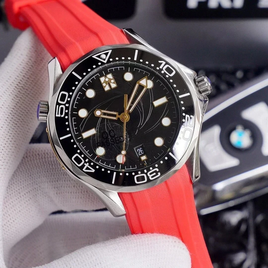 

Новые модные мужские автоматические механические часы с прозрачной задней крышкой, керамическим безелем, из нержавеющей стали, золотые, дайверские, с синим каучуковым ремешком, на заказ