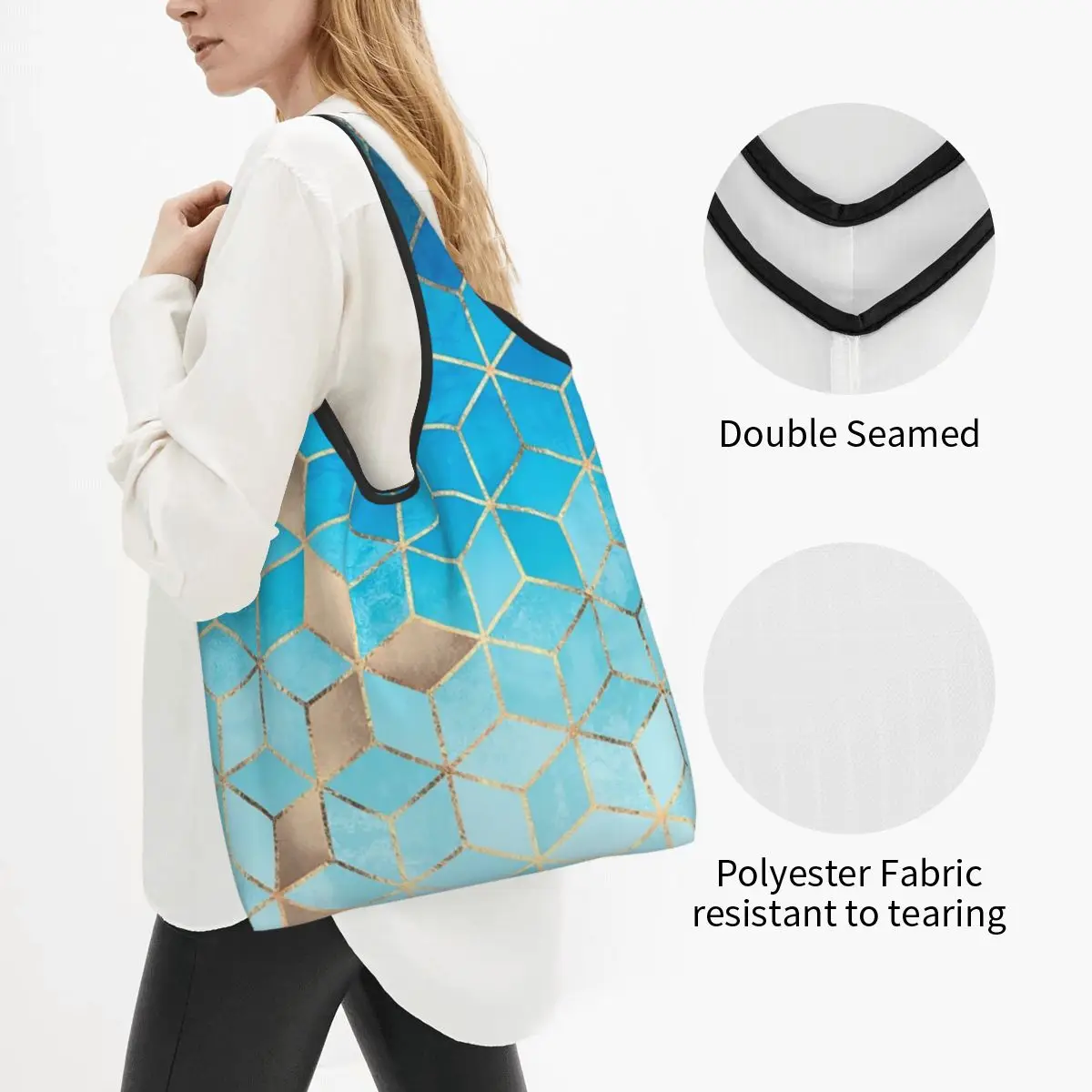 Sea And Sky Cubes Portable Tote Shopping Bags Reusable Shopper Bag Grocery Handbag Shoulder Bag