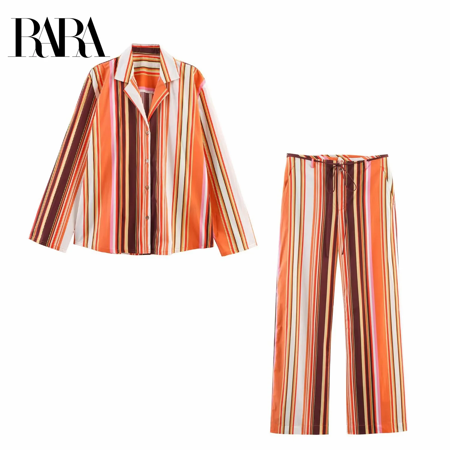 เสื้อเชิ้ตลายทางแขนยาวสไตล์ลำลองแฟชั่นใหม่สำหรับผู้หญิงประจำฤดูใบไม้ร่วง RARA2025 + กางเกงขายาวทรงกว้างพร้อมเข็มขัดเส้นเล็ก