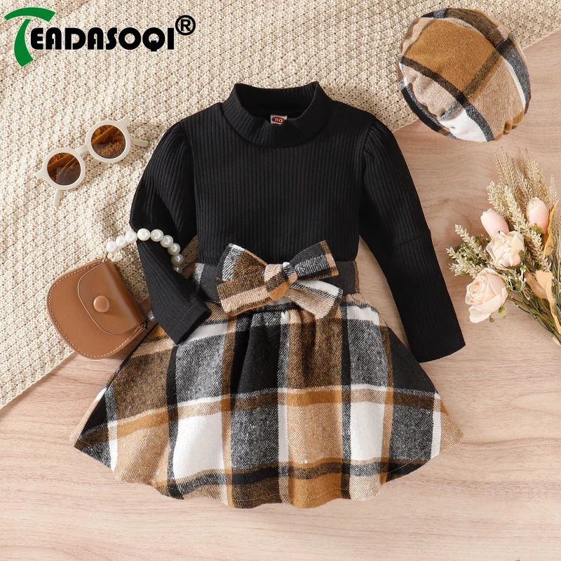 

1-6Y Kids Girls Autumn Winter Clothing Set Children Outfits High Collar Long-sleeved Ribby Top+Plaid Skirt+Beret Hat 3Pcs Suit