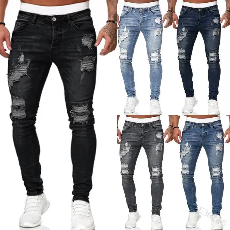 

Fashion Street Style Ripped Skinny Jeans Men Vintage wash Solid Denim Trouser Mens Casual Slim fit pencil denim Pants hot sale