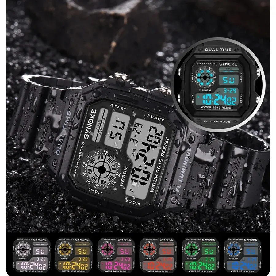 Relojes digitales SYNOKE para hombre, reloj de pulsera deportivo luminoso multifunción resistente al agua para mujer, reloj de pulsera para exteriores y correr para estudiantes con siete luces