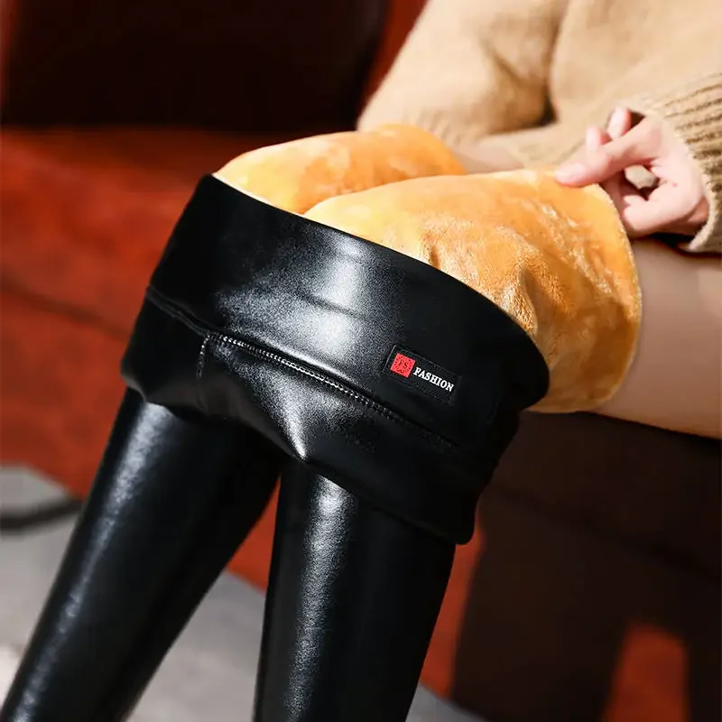 Winter Extra Thick PU Shiny Leather Pants for Women No Splitting High-Waisted Slimming Trousers Plus Size Long Leggings Pants