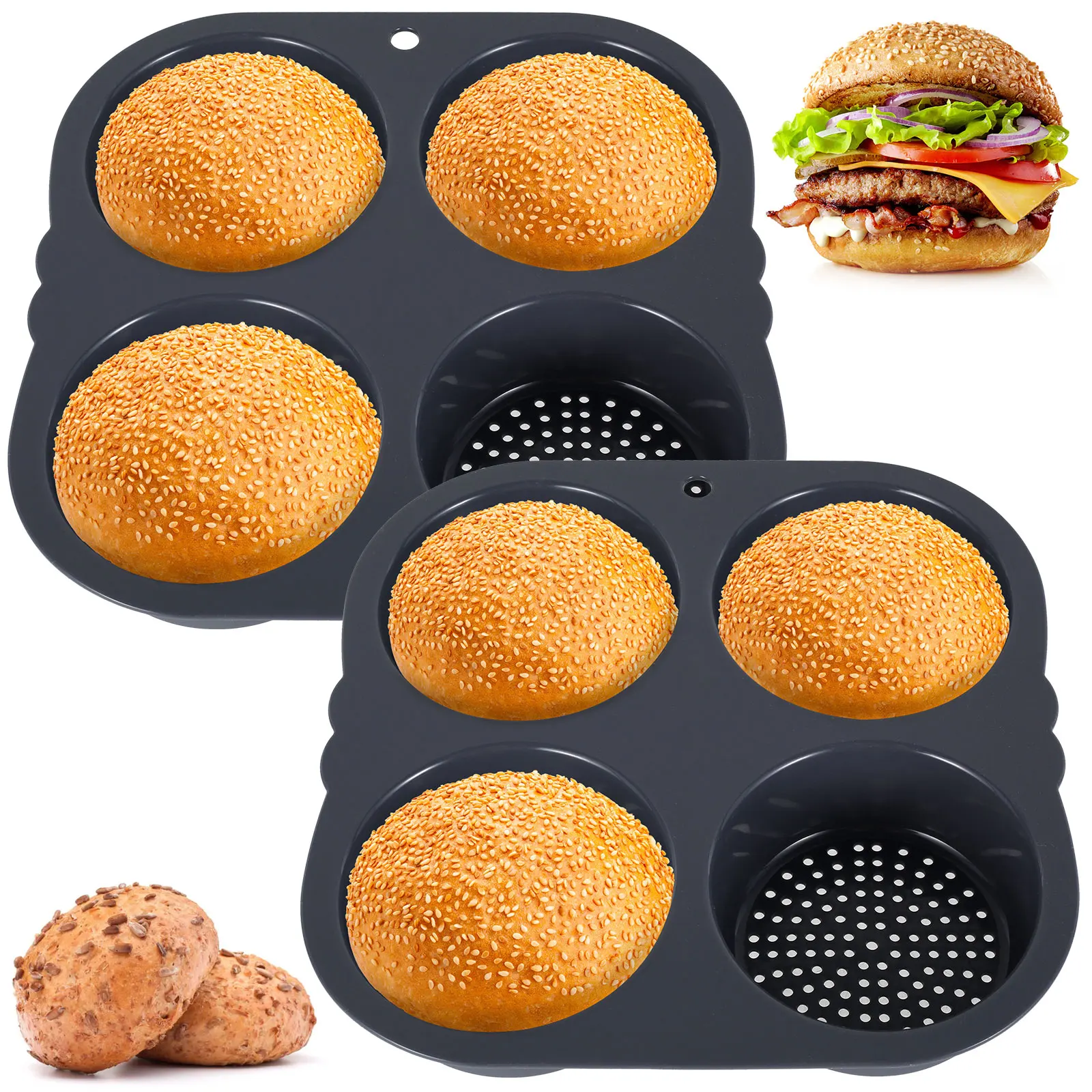 

1/2 Pcs Silicone Hamburger Bun Mold 4/8 Cavities Non-stick Hamburger Bun Pan Flexible Reusable Hamburger Bread Molds for Baking