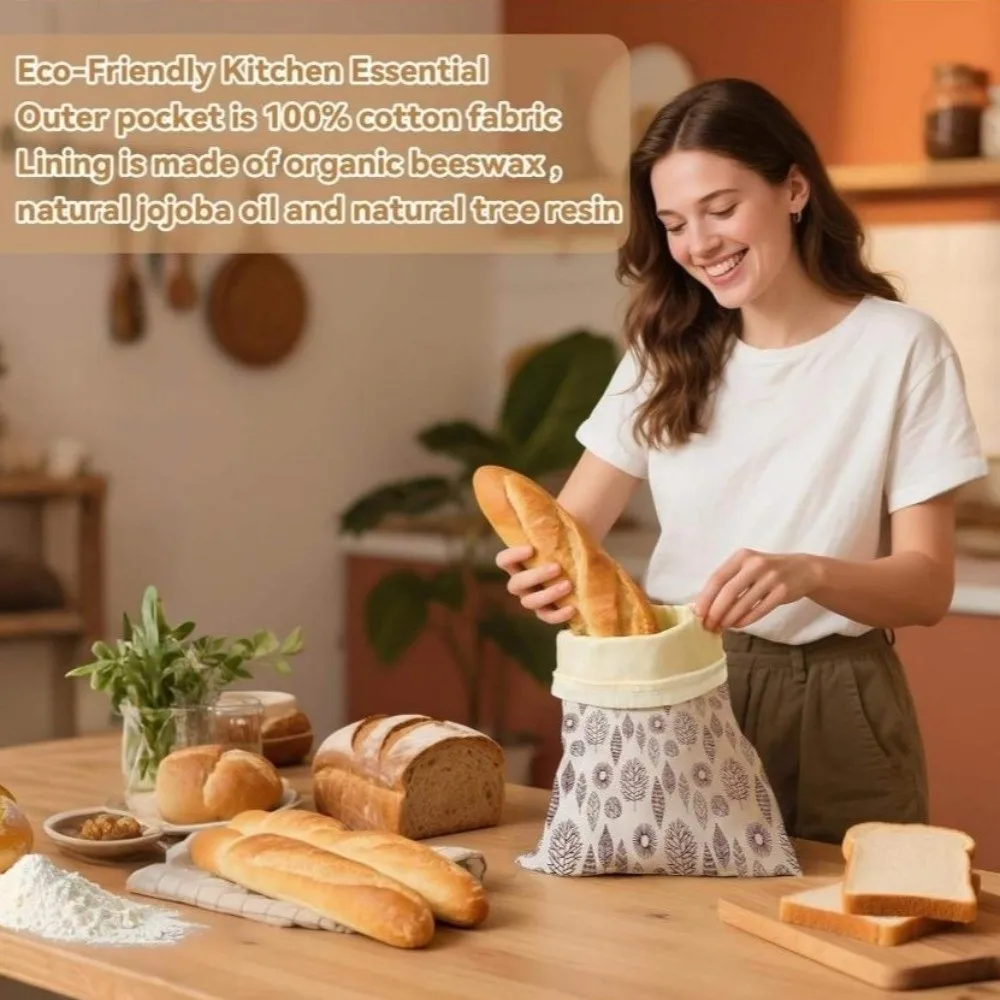 New Reusable Beeswax Bread Bags Cotton Beeswax Coated Fresh-Keeping Bread Bags Zipper Closure 43*33cm Sourdough Bag Freezer Use