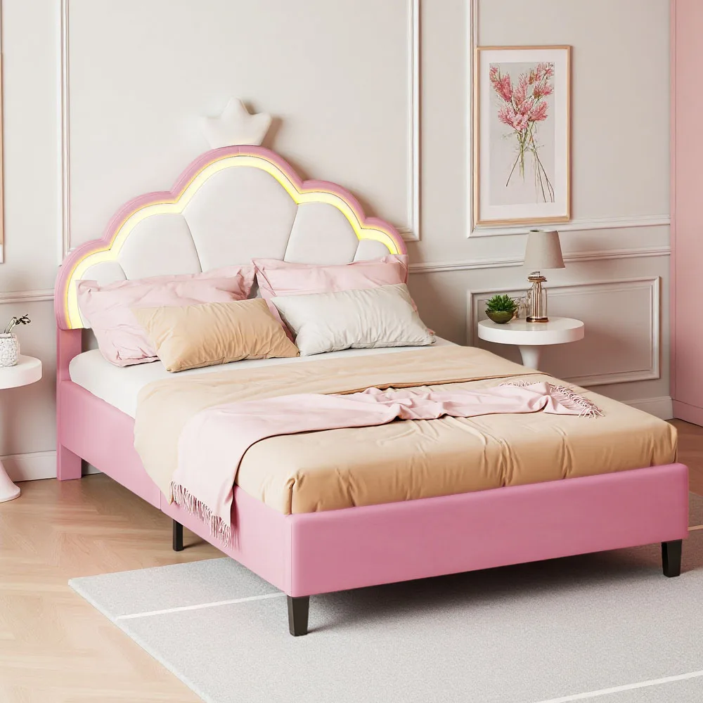 Comanlai Kinderbett 90 x 200 cm, 140 x 200 cm, Doppel-/Einzelbett mit LED-Lichtleiste und Höhenverstellung, Prinzessinnenbett mit Kronen-Kopfteil in rosa Samt für Mädchen, Bettgestell mit Lattenrost