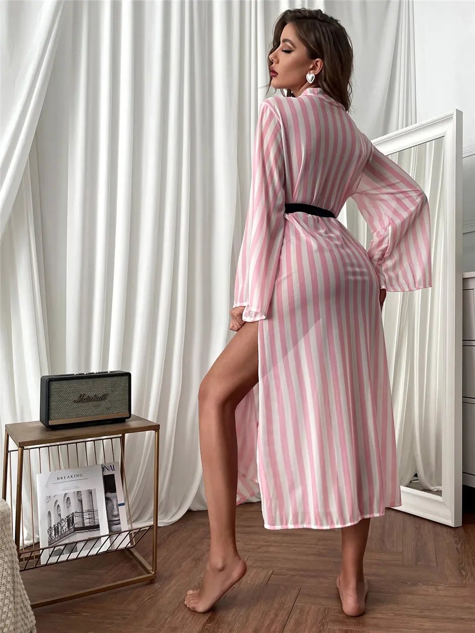 Women\'s Kimono Long Gown Striped Bathrobe Sexy Mesh Sleepwear Vintage Robe Summer Thin Beachwear For Female 2023