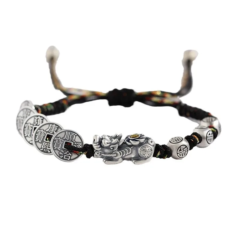 2025 New Style Pure Silver Pixiu Five Emperor Coin Bracelet Handwoven Red String Unisex Festival Gift Jewelry