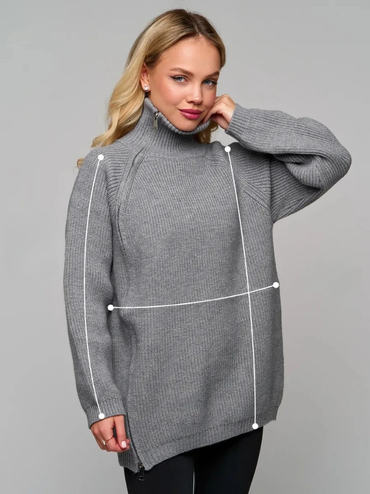 เสื้อไหมพรมคอเต่าผู้หญิงแบบหลวม ซิปคู่ รุ่นปี 2025 สำหรับฤดูใบไม้ร่วงและฤดูหนาว เสื้อสเวตเตอร์คอสูง ผ้าหนา อุ่นสบาย แบบมีซิป