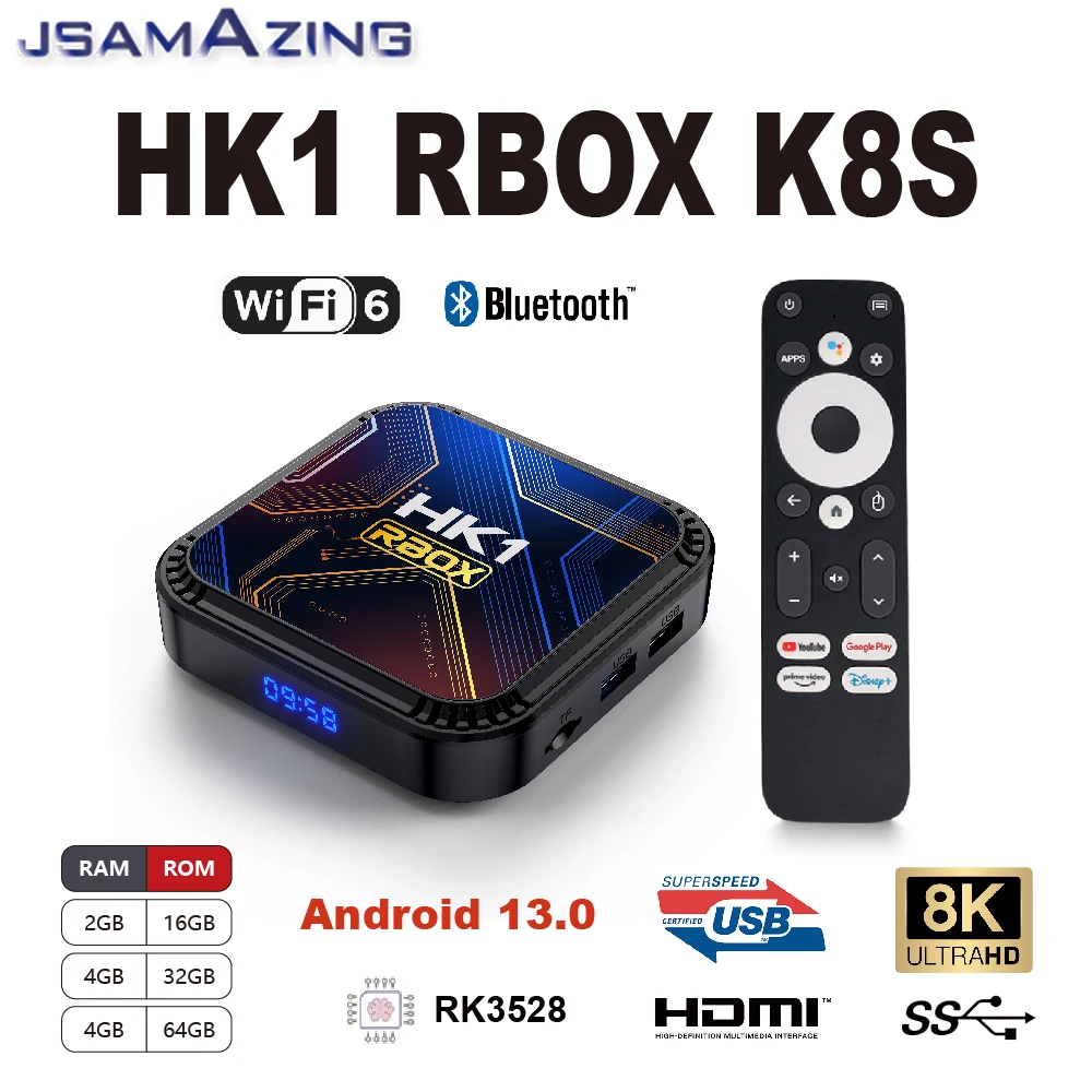 HK1 K8S Android 13.0 Smart TV BOX RK3528 Voice Remote ARM Cortex A53  2/4GB 16/32/ 64GB 8K 3D  2.4G/5G  For Google Media Player