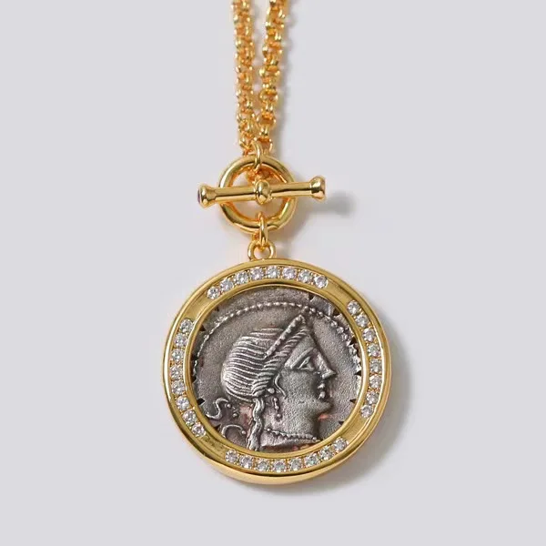 Roman Goddess of Luck coin necklace vintage simple chain silver coin round brand antique coin necklace