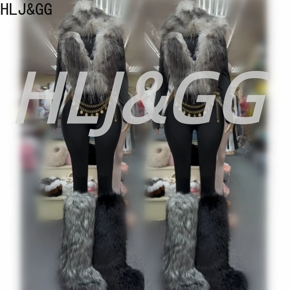 

HLJ&GG Fashion Deep V Fur Hooded Two Piece Sets Women Sleeveless Crop Top And One Piece Jumpsuits Outfits Casual 2pcs Streetwear
