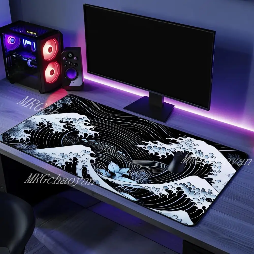 

Японский игровой коврик для мыши Wave Art, большой настольный коврик с прошитыми краями, нескользящая резиновая основа против морщин для ноутбука ПК