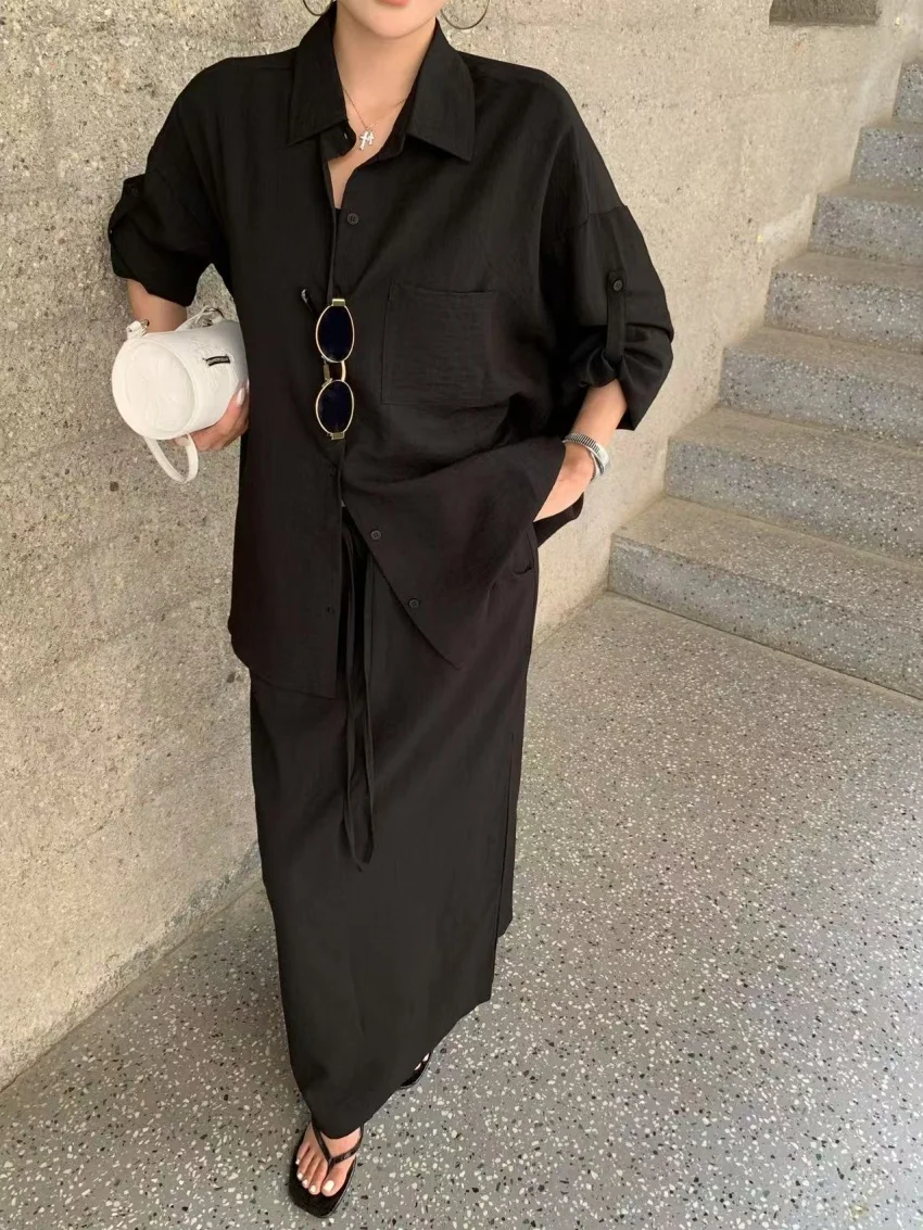 

Alien Kitty Minimalist High Street Women Two Pieces Sets New Loose Shirts Full Sleeve Lazy Style Full Sleeve Casual Maxi Skirts