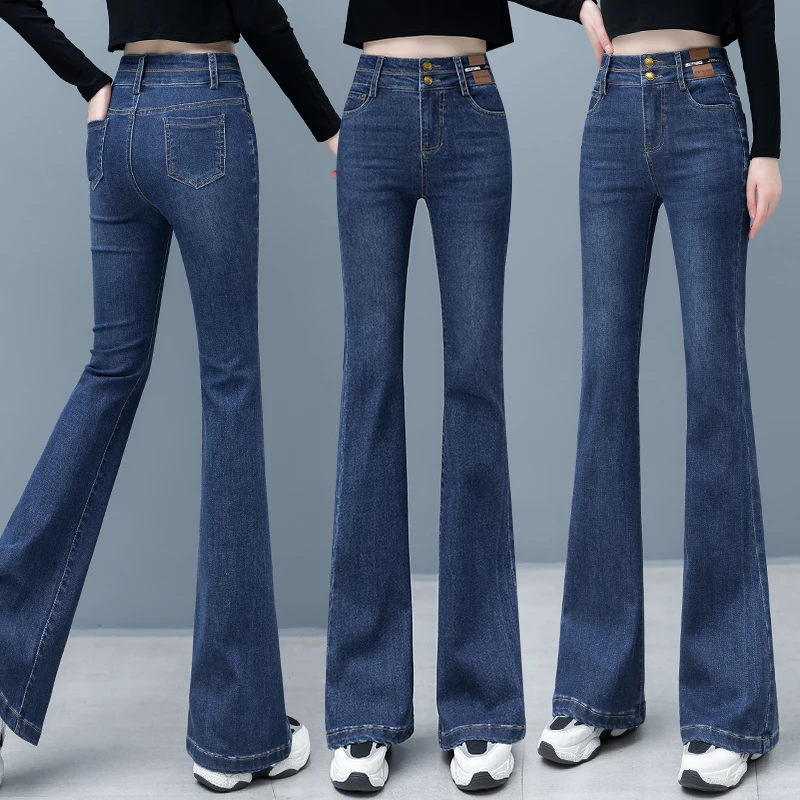 

High Waist Bell Bot Jeans Women's Long Pants Autumn Loose Casual High Heel Mule Winter Cotton Stretch Denim Deep Color