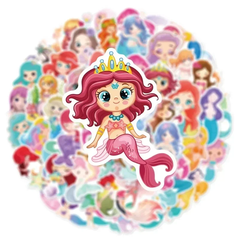 50 PCS Cute Mermaid Graffiti Sticker Party Decoration Bicycle Cup Helmet Flat Cartoon PVC Waterproof Sticker Children Toy Gifts