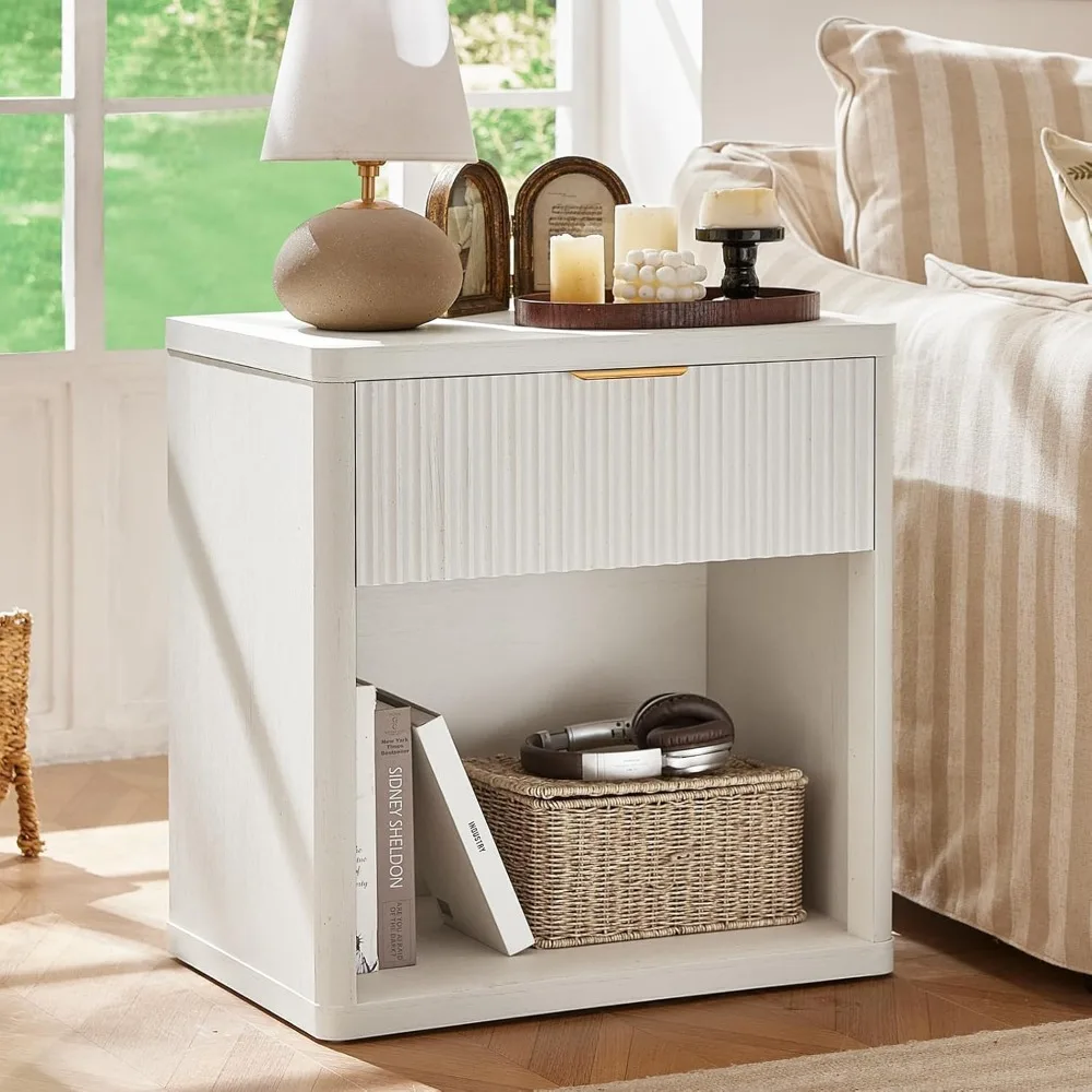 

Fluted Nightstand with Charging Station, 23 Wide 1 Drawers End Table,White Night Stand with Open Storage Cabinet, Farmh