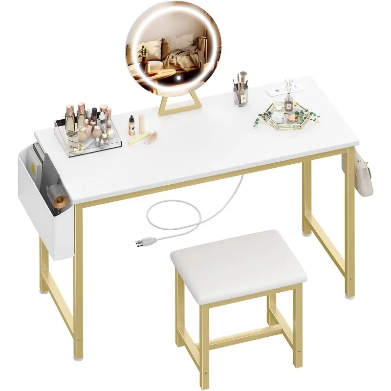 White Makeup Vanity Desk with Lights - 40“ Vanitys with Lighted Mirror & Power Outlet