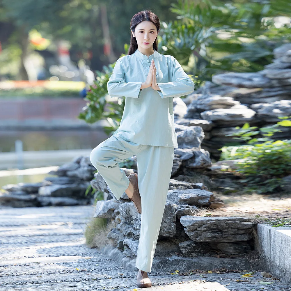 Conjuntos de ropa de Yoga para mujer, ropa de meditación de lino y algodón, uniformes de Kung Fu, traje de Tai Chi Wing Chun, camisa y pantalones, chándal de 2 piezas