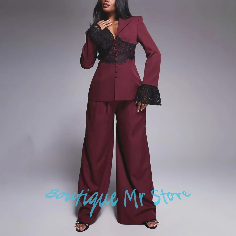 

Burgundy Women's Suit 2Pieces (Jacket+Pants) Single Breasted Blazer with Lace Formal Wedding Banquet Evening Party Outerwears
