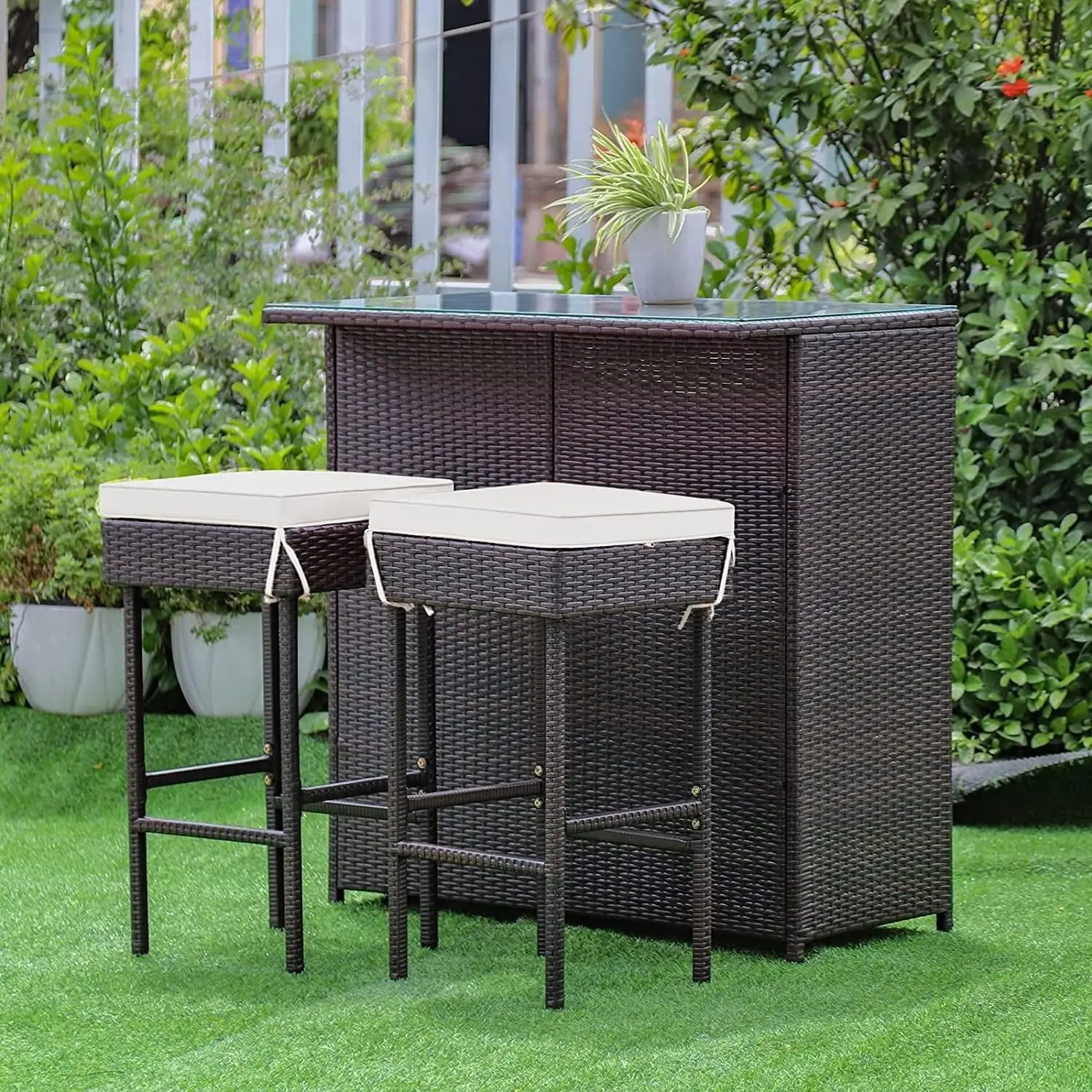 3PCS Patio Bar Set Rattan Wicker Bar Stools & Table with Cushions and Glass Table Top for Pool Garden Dining Set with