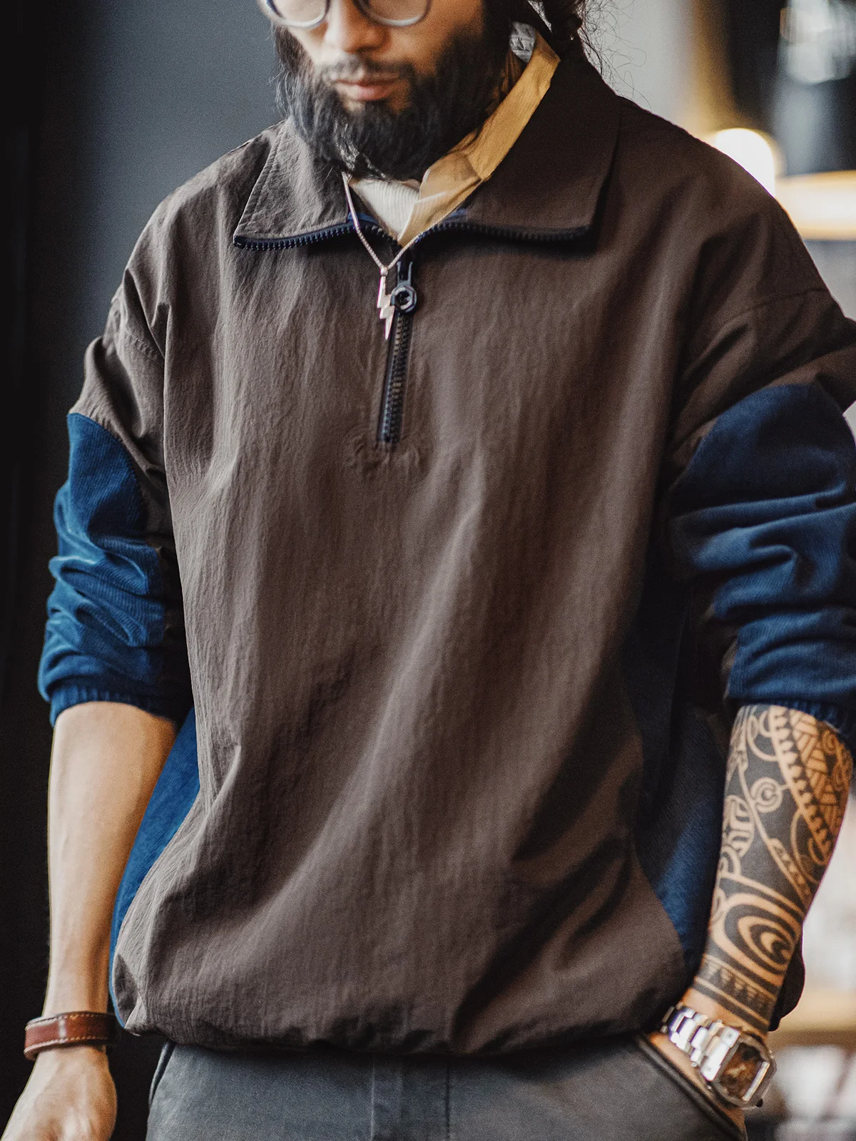 

Maden американский ретро лоскутный свитер на молнии с воротником-хомутом, цвет блузки, уличный вельветовый свитшот со морщинами, мужской весенний