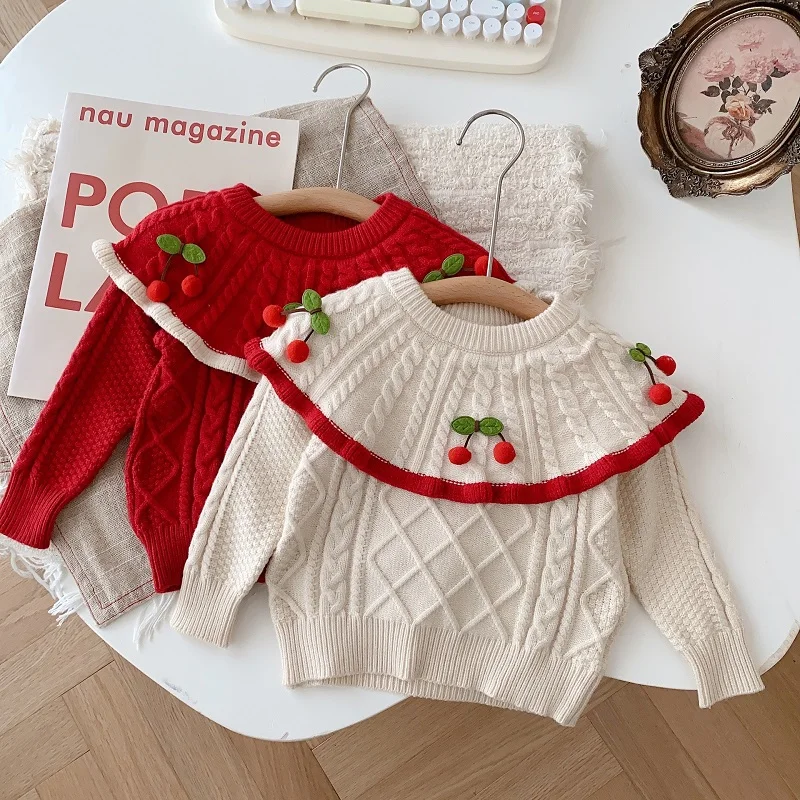 Princess Kids Baby Girl Sweater 0-5Years Children Long Sleeve Cape Collar Cherry Knitted Pullover Jumper Outwear Autumn Clothes