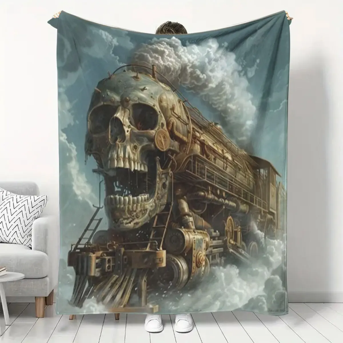 Vintage Gothic Skull Steam Locomotive Pattern Flannel Blanket Warm Cozy Printed Throw Blanket for Living Room Bedroom Travel