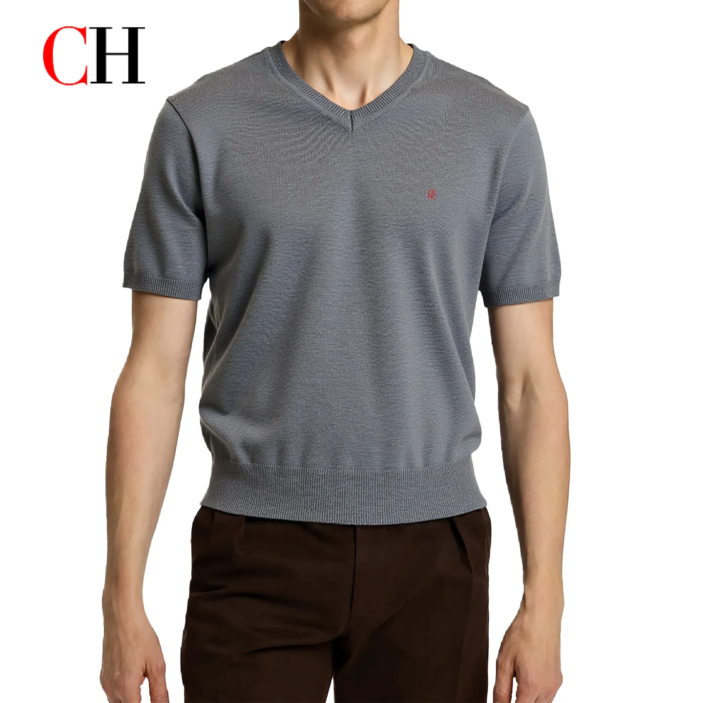 

CH Men V Neck Short Sleeve Knit Sweater Red Mini Embroidery Solid Color Soft Casual Business Knit T Shirts For Male
