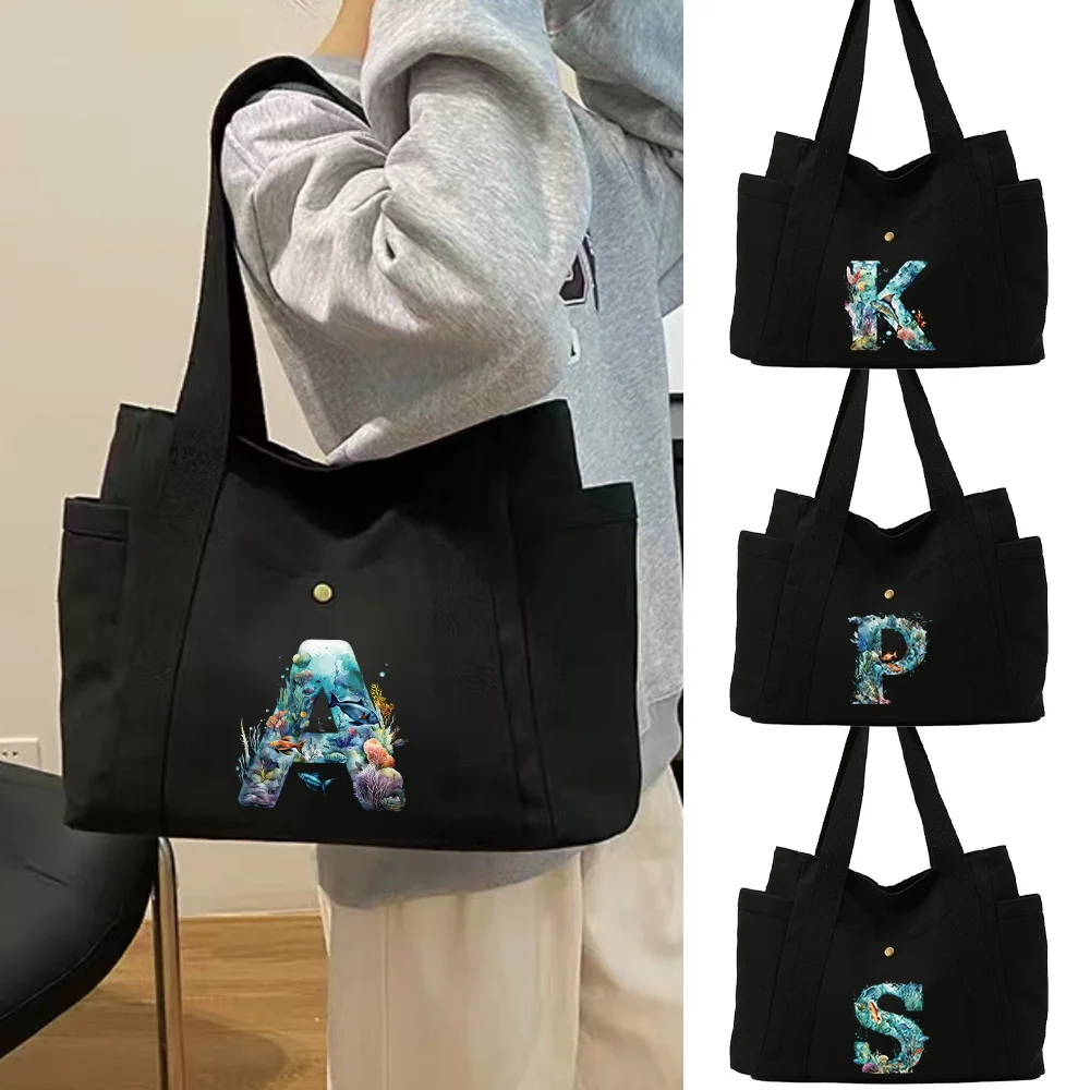 Tote Bags Black Shoulder Bags Women's Work Commuting Bags Printing Fish Letter Series College Style Student Organizers Bag