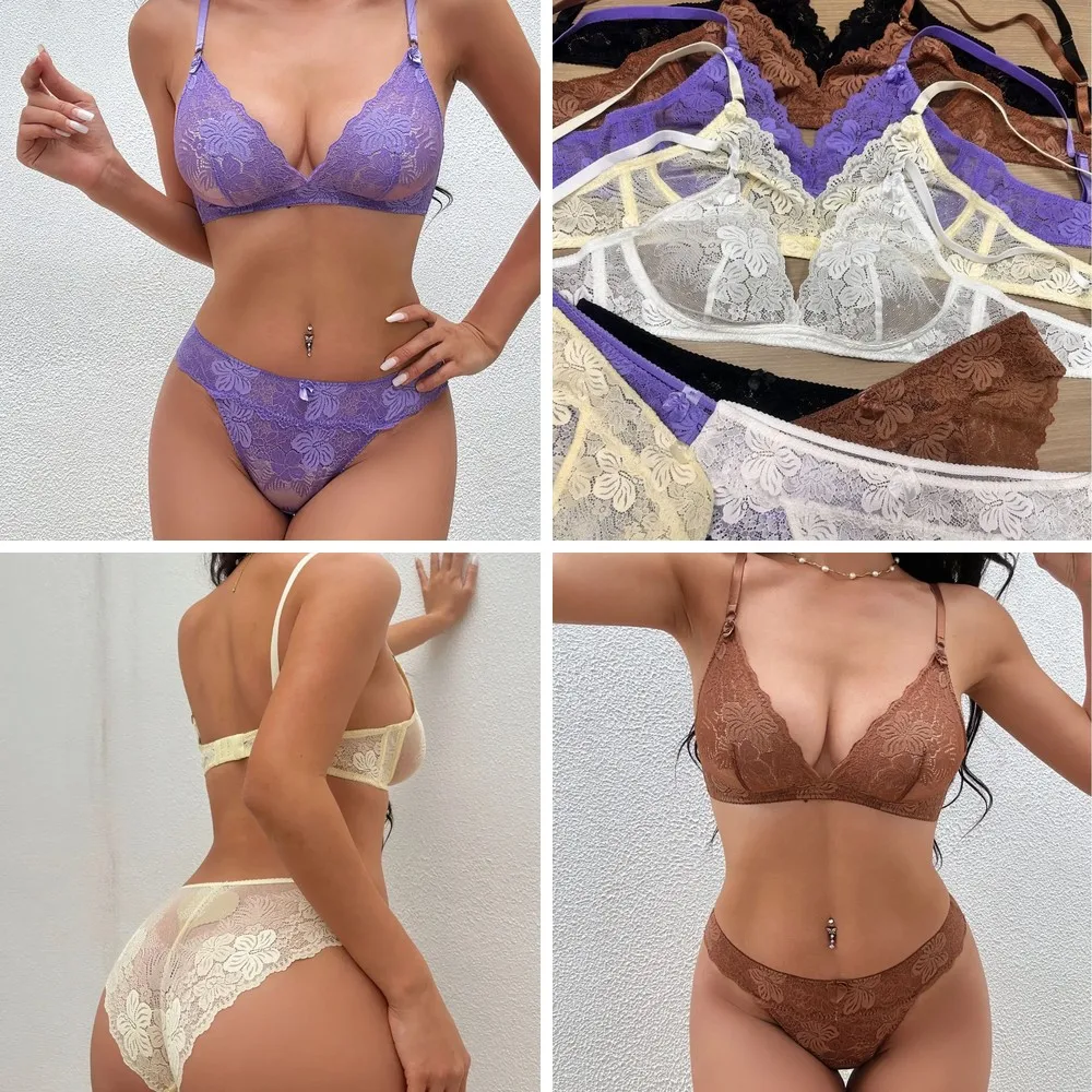 

Triangle Cup Lace Embroidered Ultra-Thin Bra Set, Non-Steel Ring Comfortable Sexy Lingerie for Large Size