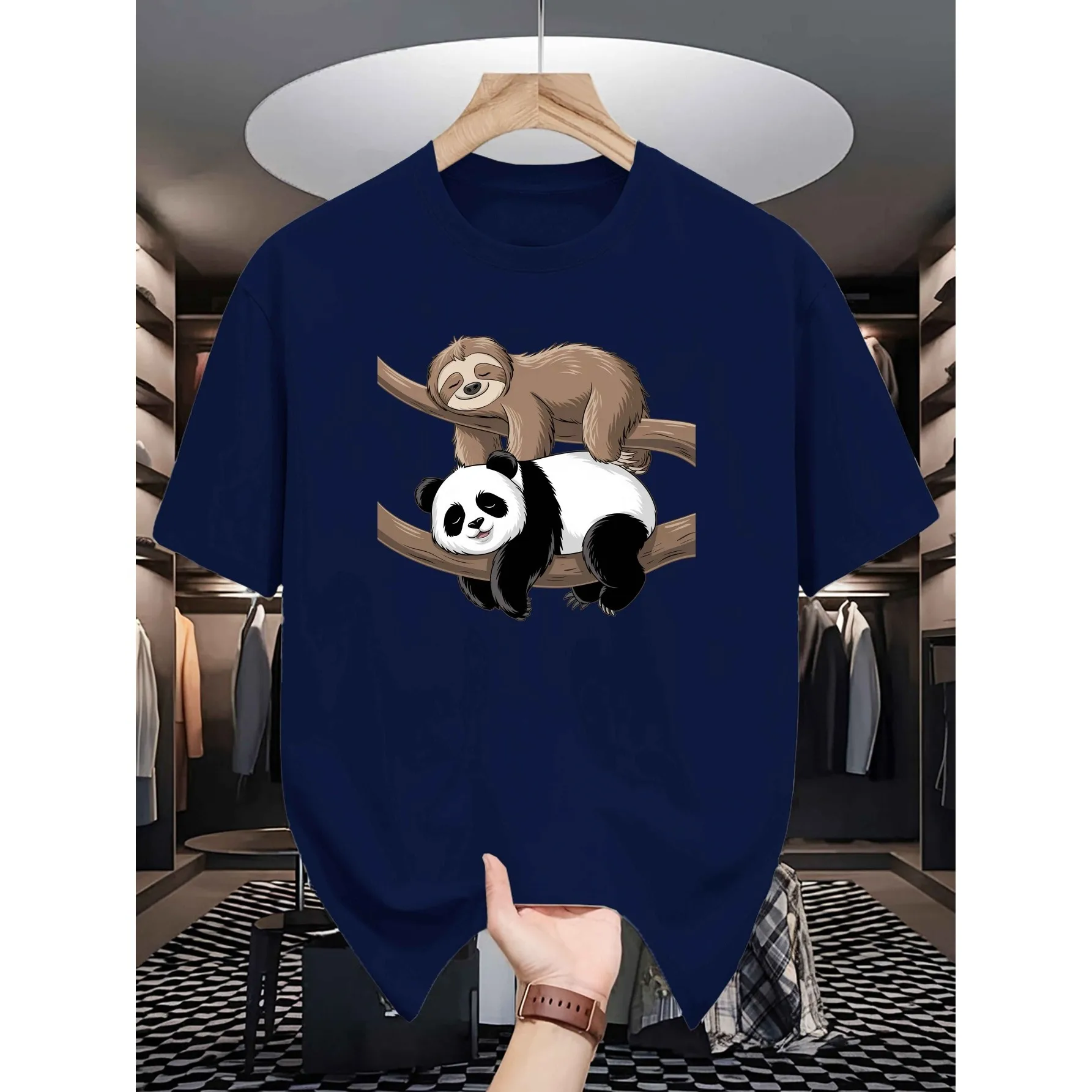 Sloth And Panda Stack Funny Graphic Tee Men's Casual Summer Cotton Round Neck T-Shirt